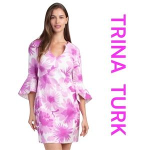 TRINA TURK Winnie Floral Dress in Sugar Berry Purple, Long Bell Sleeves, Size 8.